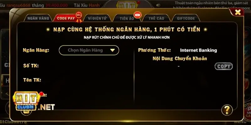 Sử dụng code pay để nạp tiền vào trong game