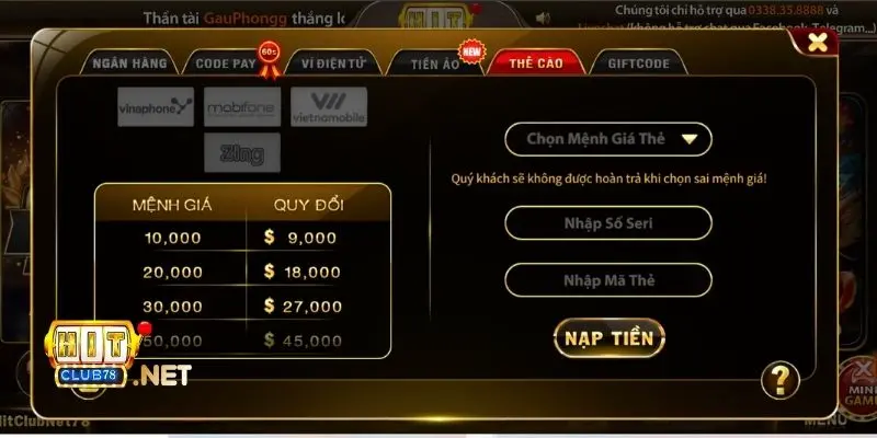 Nạp tiền vào cổng game Hitclub bằng thẻ điện thoại